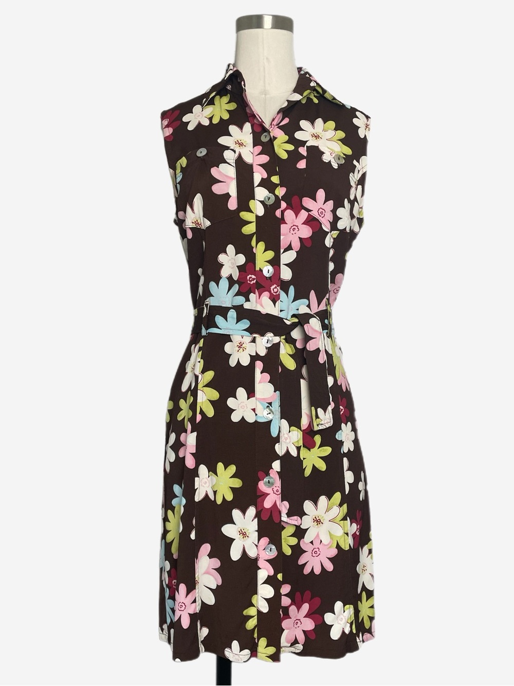 Vintage Mevisto brown floral button front collared shirt dress preppy mod XS